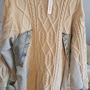 Cozy Beige Cable Knit Sweater with Denim Accents